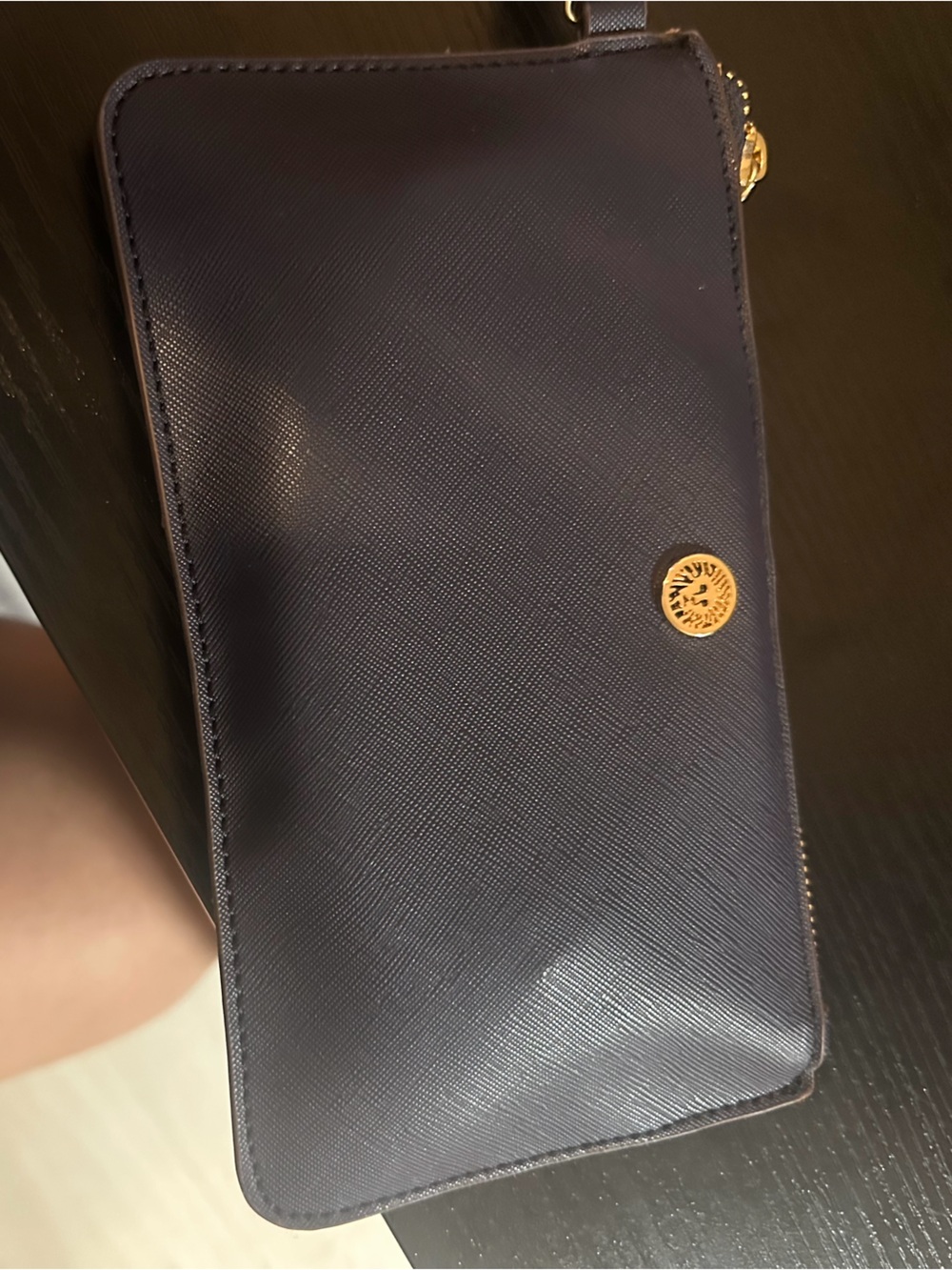 Anne Klein Navy Zip-Around Wallet with Gold Emblem